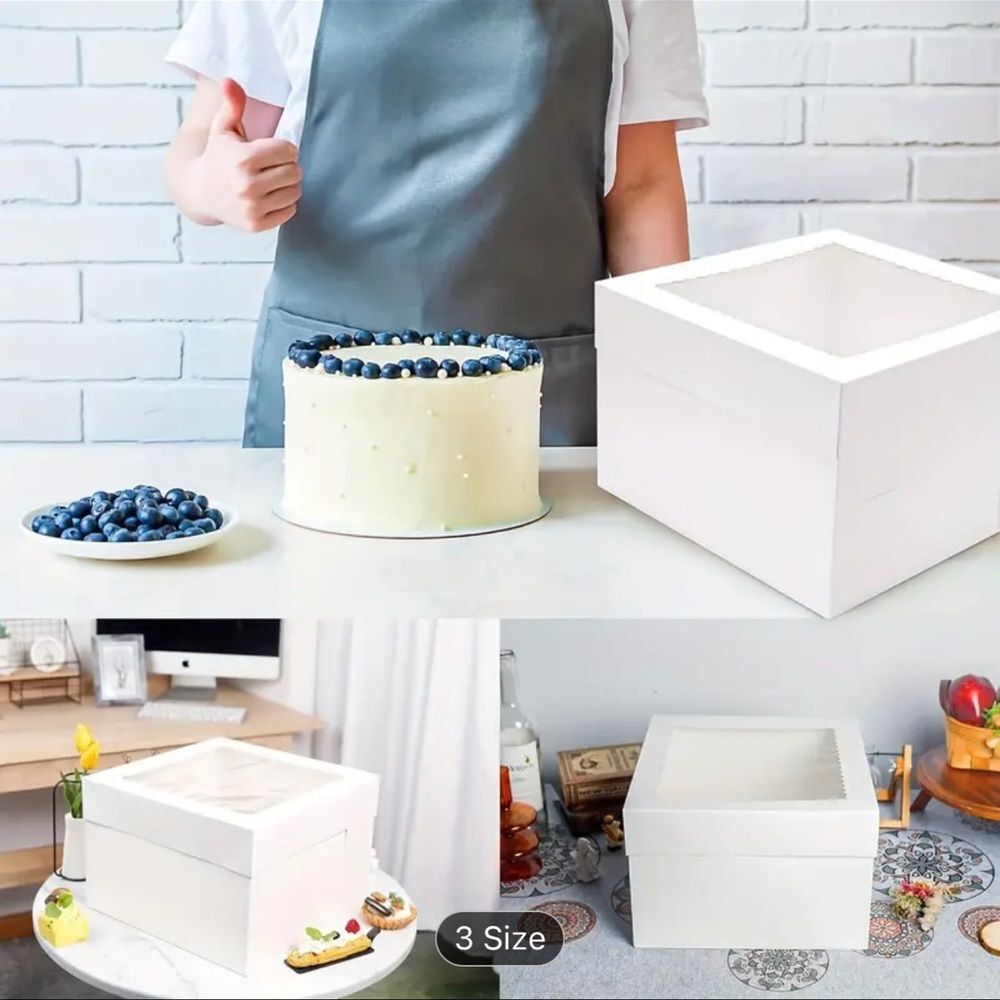 3 packs White Cake Box with Clear Lid 12 in x 12 in x 10 in